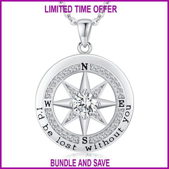 Sterling Silver Compass Necklace with Cubic Zirconia, Lobster Clasp